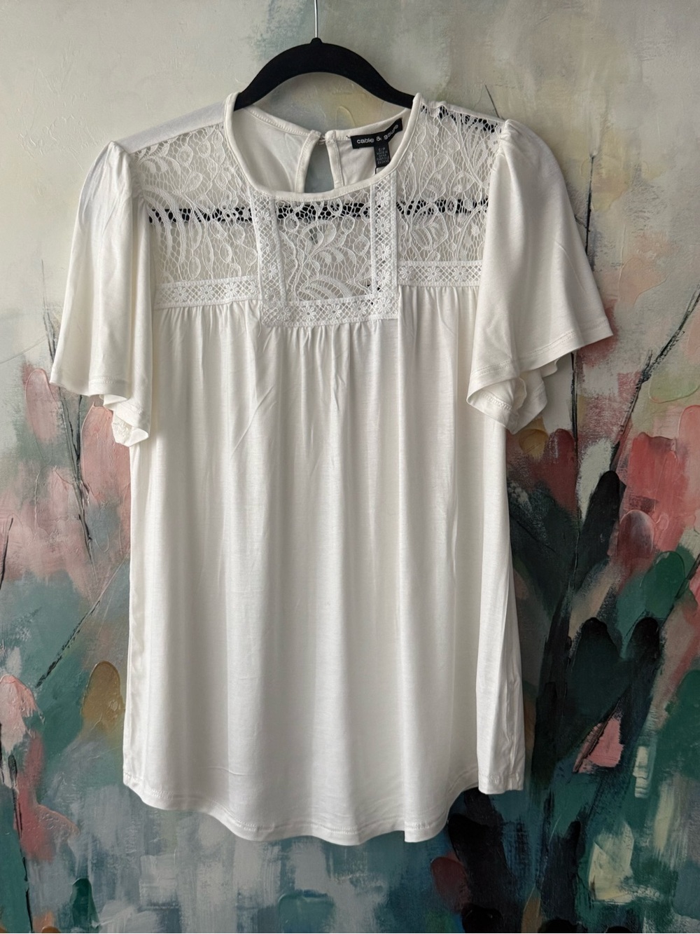 🦢 NWT Lace Yoke Flutter Sleeve White Blouse Cable & Gauge